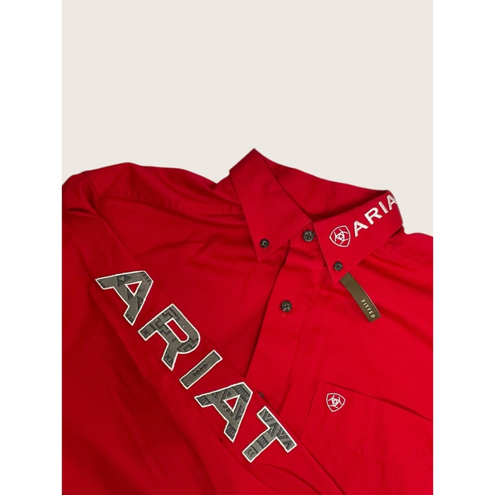 Ariat Shirt Mens Medium Red Team Logo Long Sleeve Button Up Embroidered Twill